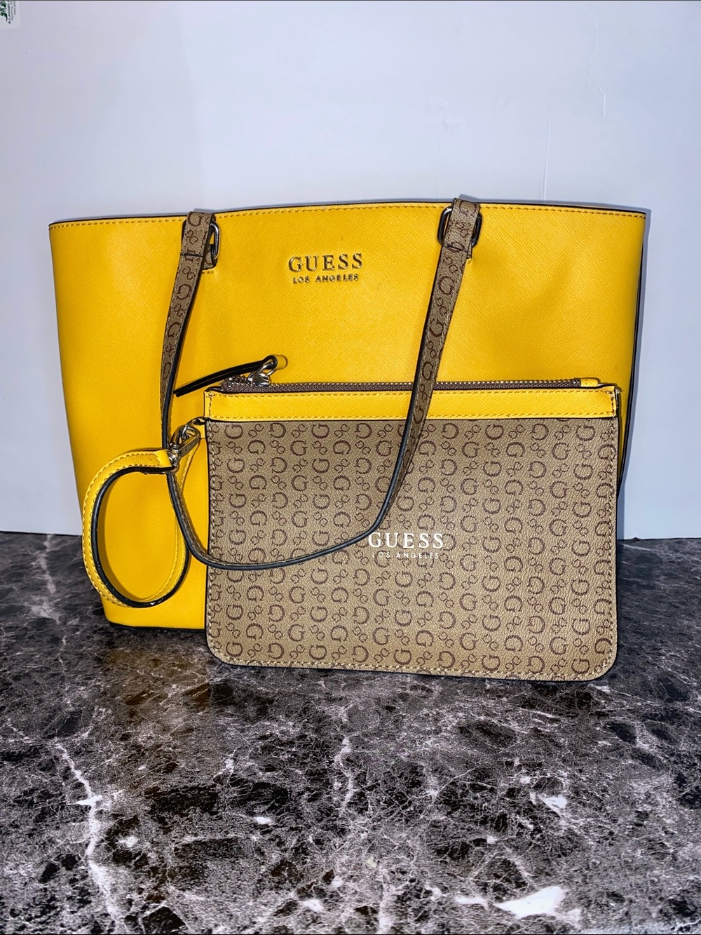 GUESS Yellow Tote with Tan Monogram Zip Pouch